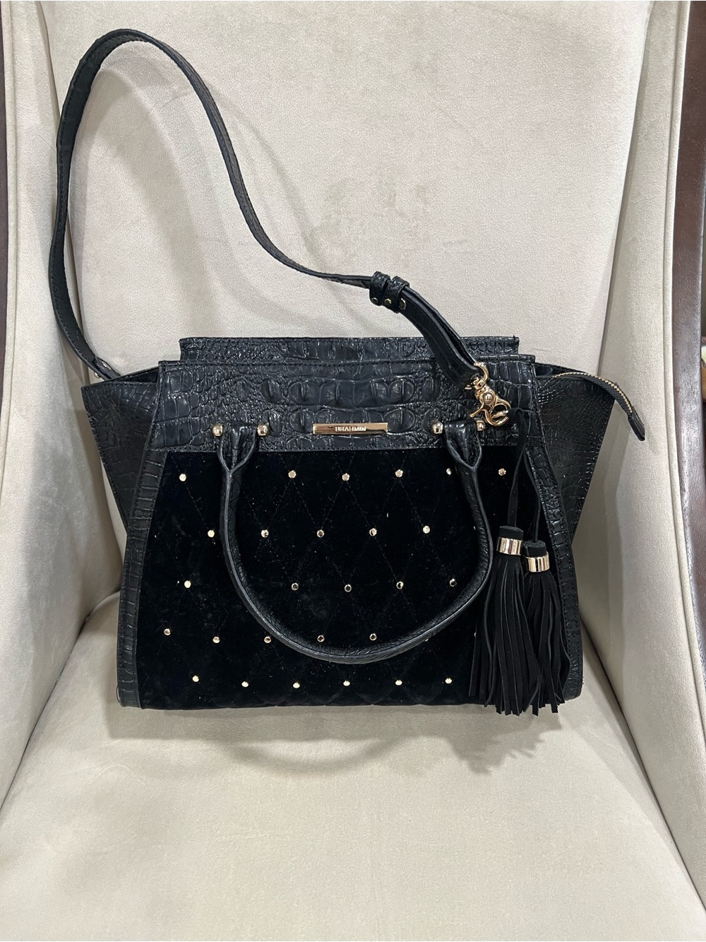 Brahmin Black Quilted Velvet & Croc-Embossed Shoulder Bag with Tassel